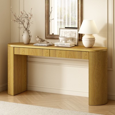 Elegant Vertical-Striped Console Table with Curved Legs and Pine Veneer Finish, Accent Entryway Table for Living Room & Hallway -ModernLuxe