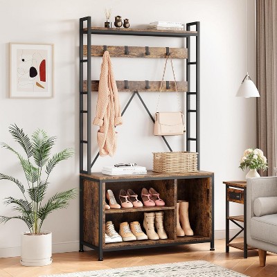 Acekool Industrial Hall Tree with Bench, Coat Rack, Shoe Storage, and Cubbies, Entryway Organizer with Hooks & Rustic Wood Accents