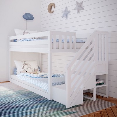 Max & Lily Solid Wood Twin over Twin Low Bunk Bed for Kids with Staircase