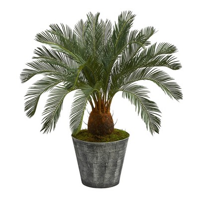 40" Cycas Artificial Tree in Embossed Tin Planter Black - Nearly Natural: Lifelike Foliage, Indoor/Outdoor Decor
