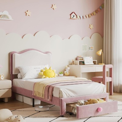 Upholstered Kids Twin Bed Frame,Noise-Free Toddler Platform Bed Frame with Headboard and Storage Drawer