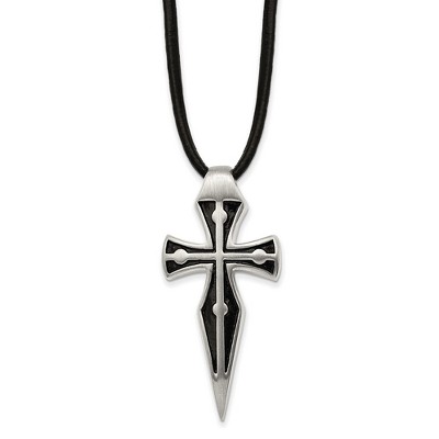 Chisel Stainless Steel Antiqued Brushed and Cross Pendant on an 18" Leather Cord Plus a 2" Ext.