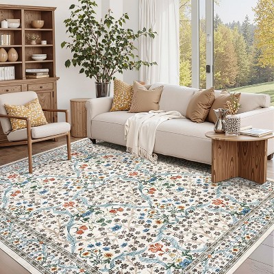 Farmhouse Floral Runner Rug, Non-Slip Washable Low Pile Carpet for Entryway, Hallway, Kitchen & Stairs