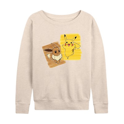 Women's - Pokémon - Pika Eevee Marker Lightweight French Terry Wide Neck Long Sleeve Graphic Shirt