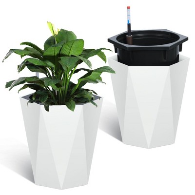 23 Inch Tall Outdoor Planters Set of 2, Self Watering Pots for Indoor Plants with Water Level Monitor & Drainage Hole & Wheels,Black