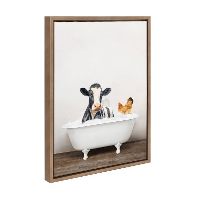 18" x 24" Sylvie Cow Chicken in Rustic Bath Frame Canvas by Amy Peterson - Kate & Laurel All Things Decor