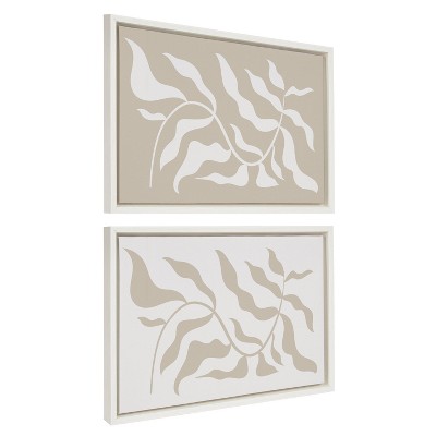 Kate and Laurel Sylvie Modern Matisse Inspired Botanical White on Beige and Beige on White Framed Canvas, 2 Piece 18x24, White