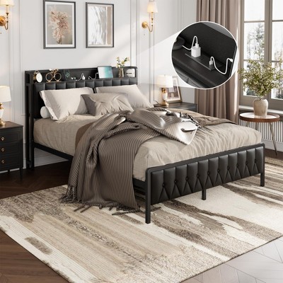 Queen Size Bed Frame with PU Faux Leather, Button Headboard with Charging Station, All-Metal Full Platform Bed Frame with Storage, Black