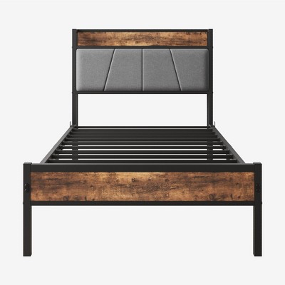 TiramisuBest Full Bed Frame with Storage Headboard & Charging Station, Sturdy Noise-Free Design, No Box Spring & Easy Assembly (Brown/Gray)