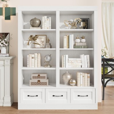 64"Tall Bookshelf with 3 Storage Drawers, Tall Bookcase w/ 4-Tier Double Wide Open Shelf, Large Storage Bookcase Wooden Bookshelves for Living Room