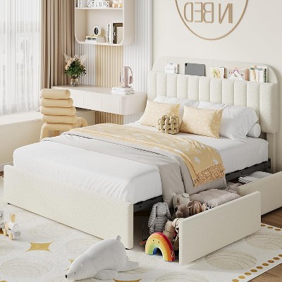 Twin/Twin-XL/Full/Queen Size Bed Frame for Kids with Storage Drawers & Bookcase Headboard, Boucle Platform Bed, Noise-Free, No Box Spring Needed