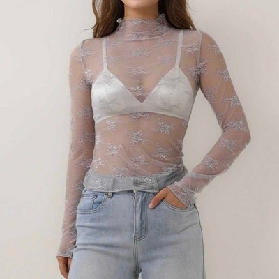 Women’s Floral Lace Slim-Fit Top – Sheer Stretch Tee with Baby Overlock Edge, Versatile Cherie Code