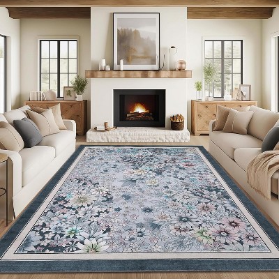 coucheta Multi-size Washable Boho Area Rug for Living Room, Farmhouse Floral Vintage Non Slip Low Pile Large Carpet, for Bedroom, Dining, Office