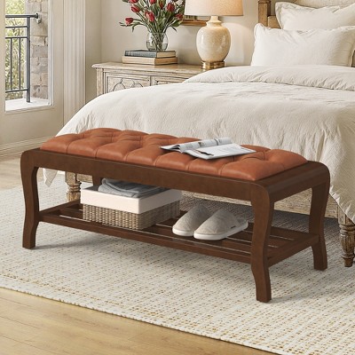 Arceso Bedroom Bench, 49" End of Bed Bench with Shelf, PU Leather Upholstered Entryway Bench with Wooden Legs, Storage Ottoman Bench for Bedroom