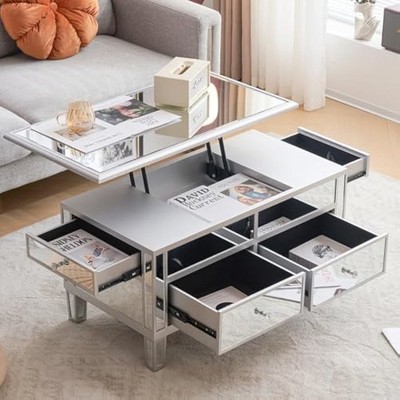 VINGLI Mirrored Lift Top Coffee Table, Assembled Modern Coffee Table with Drawers for Living Room, Silver