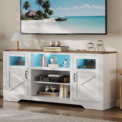 34" Tall TV Stand for 65" TVs, Media Console with Cabinets, Power Outlet, Modern Living Room Entertainment Center, White & Grey