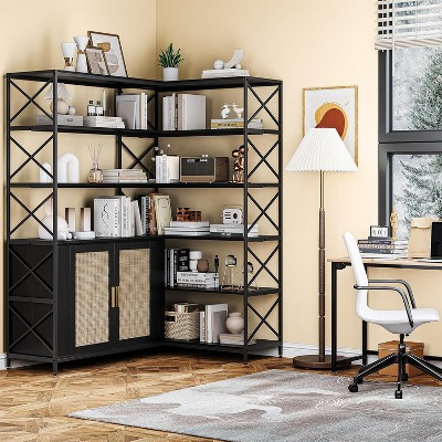 6 Tier Corner Bookshelf, Large Farmhouse Bookcase for Corner, Vintage Etagere L Shaped Bookshelf with Sturdy Metal Frame and 2 Rattan Doors Cabinet