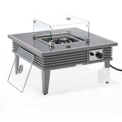 Leisuremod Walbrooke Outdoor Patio Aluminum Square Slats Design Fire Pit Side Table with Lid and Fire Glass