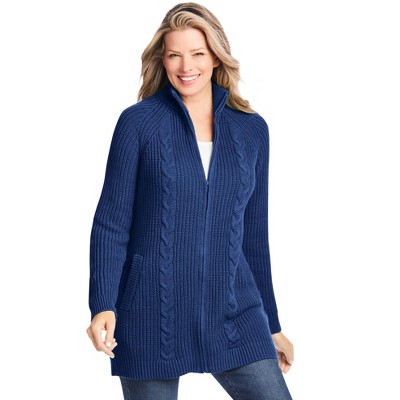 Woman Within Cabled Zip-Front Cardigan