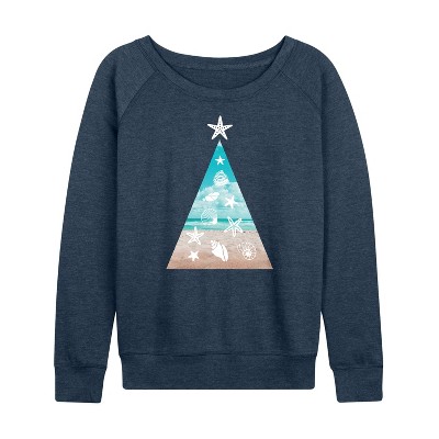 Women's - Instant Message - Photo Real Beach Fill Christmas Tree Lightweight French Terry Wide Neck Long Sleeve Graphic Shirt