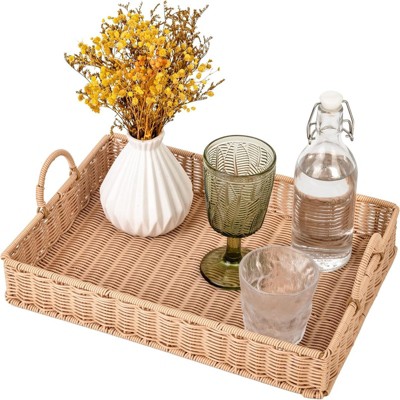 BRINJOY Rectangle Woven Serving Tray with Handles - 15.75"x11.5"x2.25" Coffee Table Organizer, Decorative Tray for Living Room