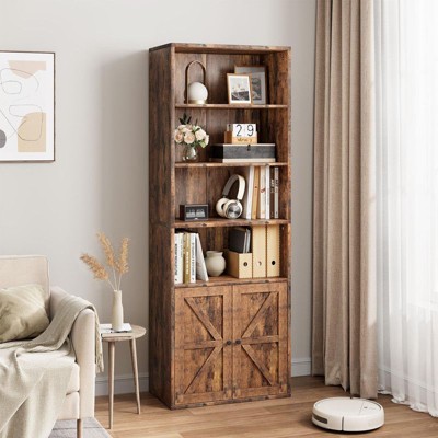 71.4" Tall Bookcases and Bookshelves, Farmhouse Bookshelf, Industrial Large Bookcase with Doors and Open Shelves