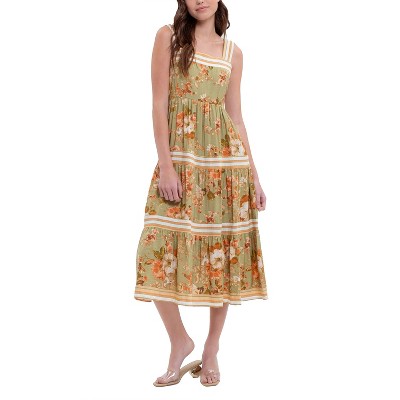 August Sky Women's Sleveless Floral Stripe Contrast Midi Dress