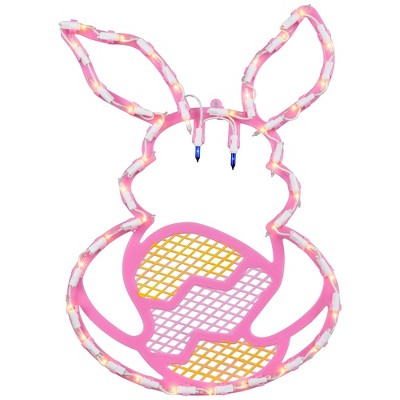 Northlight Lighted Pink Bunny with Easter Egg Window Decoration - 17"