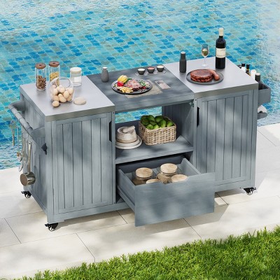Rolling Kitchen Cart With Big Green Egg Grills And Drawer,Solid Wood Kitchen Island Cart With Grill With Stainless Steel Top -Maison Boucle