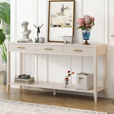 TIRAMISUBEST Modern Console Table with Vertical Stripe 3-Drawers and Open Storage Shelf, Minimalist Sofa Table