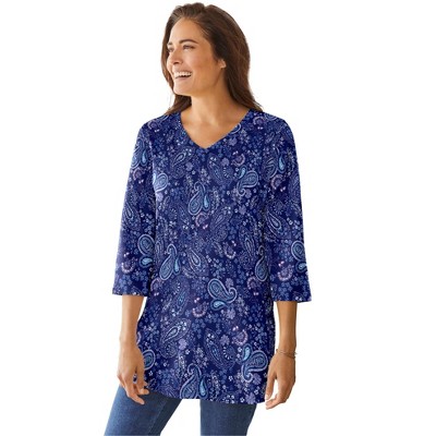 Woman Within Perfect Printed Three-Quarter-Sleeve V-Neck Tunic