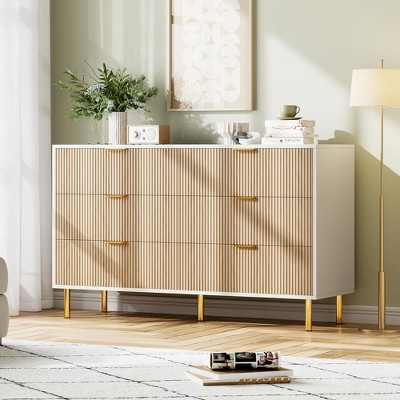 Modern 6 Drawer Dresser for Bedroom with Gold Handle and Large Drawer, Wood Double Chest of Drawers and Storage Organizer