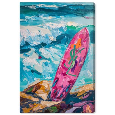 Art Remedy Pink Surfboard on the Beach Colorful Coastal Wall Art Unframed