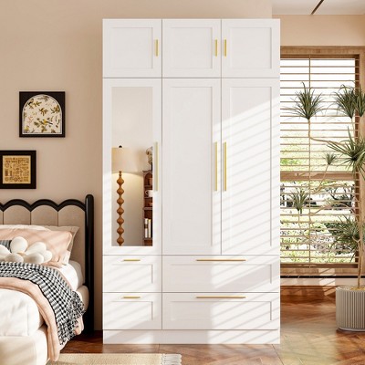 FUFU&GAGA Stylish White Armoire with Golden Handles, Multi-Functional Interior Wardrobe and Mirrored Door Pane