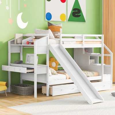 Whisen Twin over Twin Bunk Bed with Storage Staircase, Slide and Drawers, Desk with Drawers and Shelves