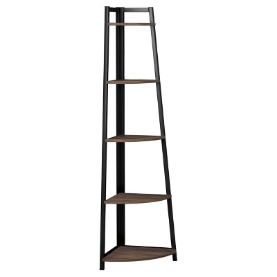63" Jacksonville 5 Shelf Corner Bookcase with Black Frame Walnut - Coaster: Space-Saving, Laminated, Metal Support