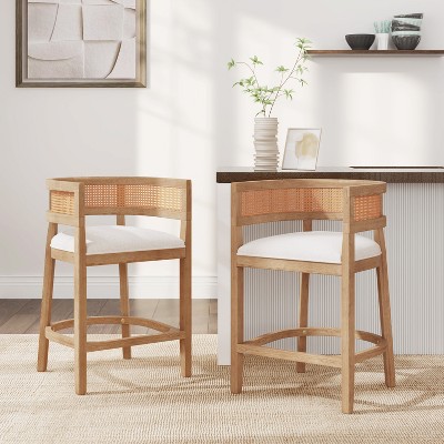 Christopher Knight Home Marni Contemporary Rubberwood Upholstered Counter Stools with Curved Rattan Back (Set of 2)