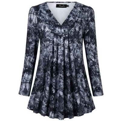 Women's Plus Size Long Sleeve V Neck Tunic Tops Pleated Flowy Tee Shirt Causal Loose Blouse, Black Tie Die, 4XL