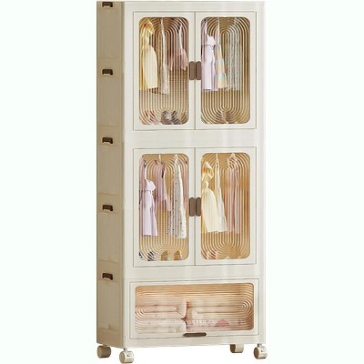 3 Tier Portable Wardrobe Closet, Collapsible Wardrobe Closet with Hanging Rod & 10 Hangers, Plastic Storage Box with Wheels for Bedroom
