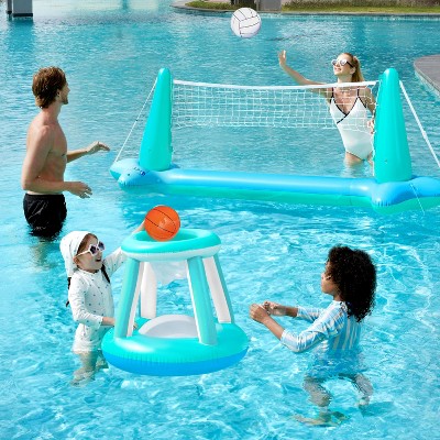 Joyfy Inflatable Pool Float Set Volleyball Net & Basketball Hoops, Floating Swimming Game Toy for Kids and Adults, Summer Floaties - Blue