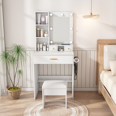 Gulches White Compact Vanity Table - Adjustable LED Lights, Mirror, Power Outlet, Hairdryer Holder, Stool for Small Bedrooms