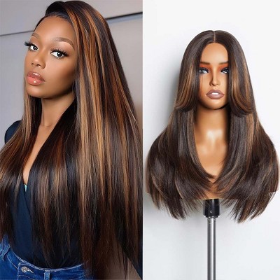 Jessie's Wig 5x5 Straight Layered Cut Synthetic Wigs for Woman Brown Highlight Color 22-24 Inch