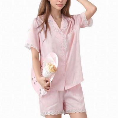 Anna-Kaci Lounge Women's Short Sleeve Satin Pajama Set with Button Down Top Elastic Waist Shorts and Lace Trim Detail
