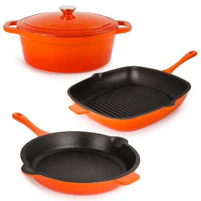 BergHOFF Neo Cast Iron 4Pc Set, Fry Pan 10", Square Grill Pan 11", & 5qt. Covered Dutch Oven