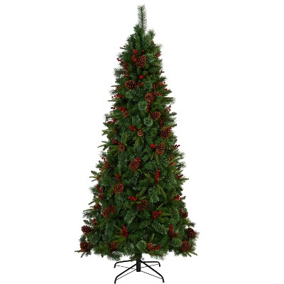 Nearly Natural 7.5-ft Norway Mixed Pine Artificial Christmas Tree with 450 Clear LED Lights, Pine Cones and Berries