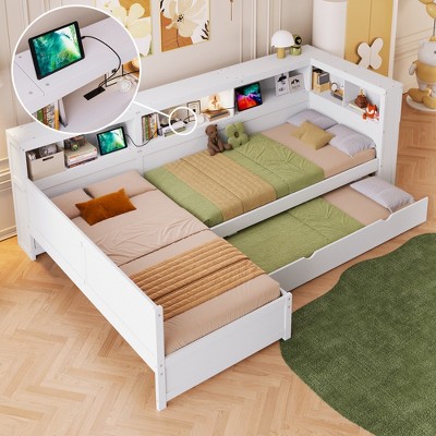 TIRAMISUBEST Wood Twin Size L-shaped Platform Bed with Trundle and a Drawer, Solid Wood Two Shared Beds Corner Bed with Storage Headboard