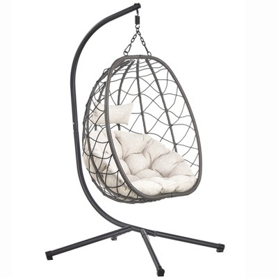 LeisureMod Summit Outdoor Egg Swing Chair for One Person, Black Steel Frame with Cushions, Hanging Patio Chair for Garden or Balcony