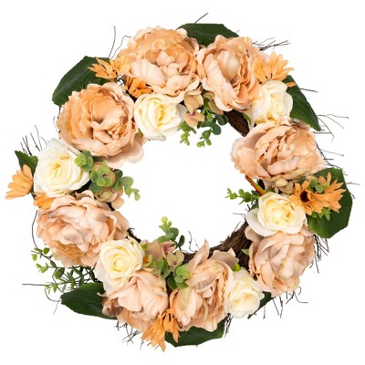Northlight Rose and Peony Artificial Wreath - 22" - Peach and White