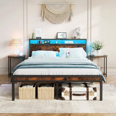 Bed Frame, Storage Headboard with LED light, Charging Station, Solid and Stable, Noise Free, No Box Spring Needed, Easy Assembly