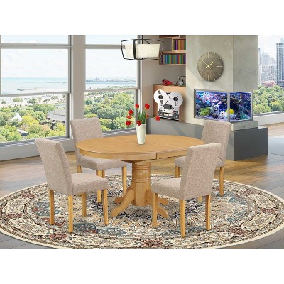 HomeStock Belmont 5Pc Oval 42/60" Table With 18 In Self Storing Butterfly Leaf And 4 Parson Chair With Oak Leg And Linen Fabric Light Fawn